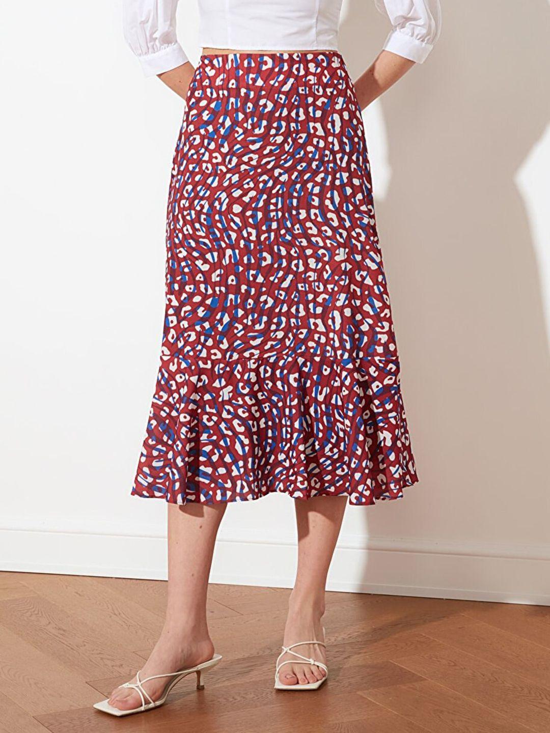 trendyol women red & white abstract printed a-line midi skirt