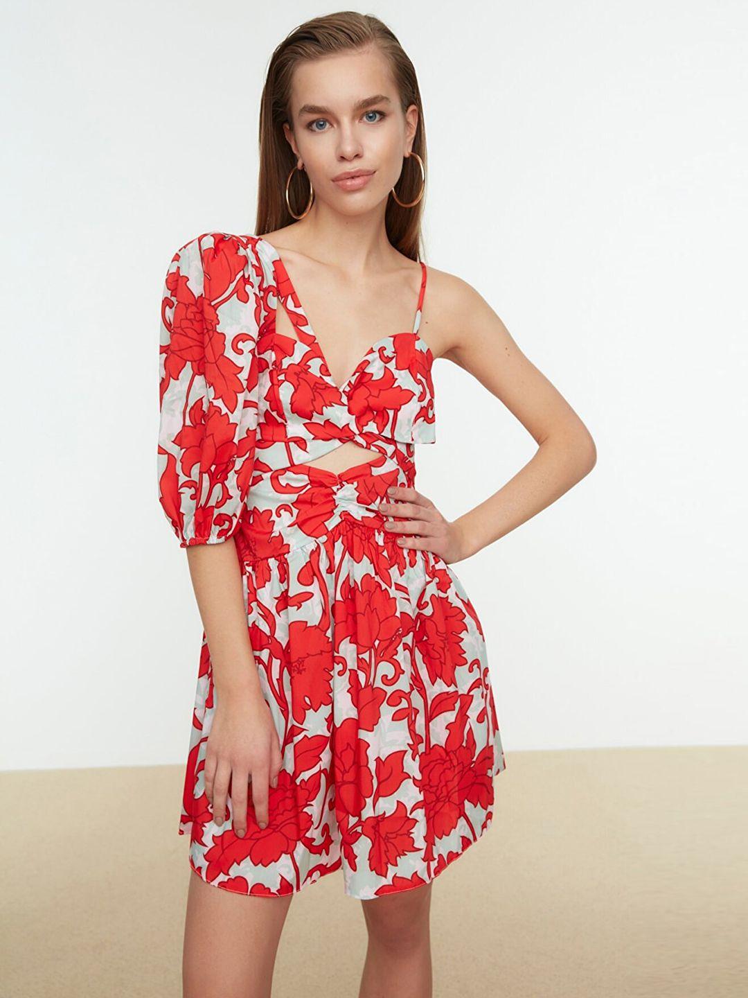 trendyol women red & white floral a-line dress