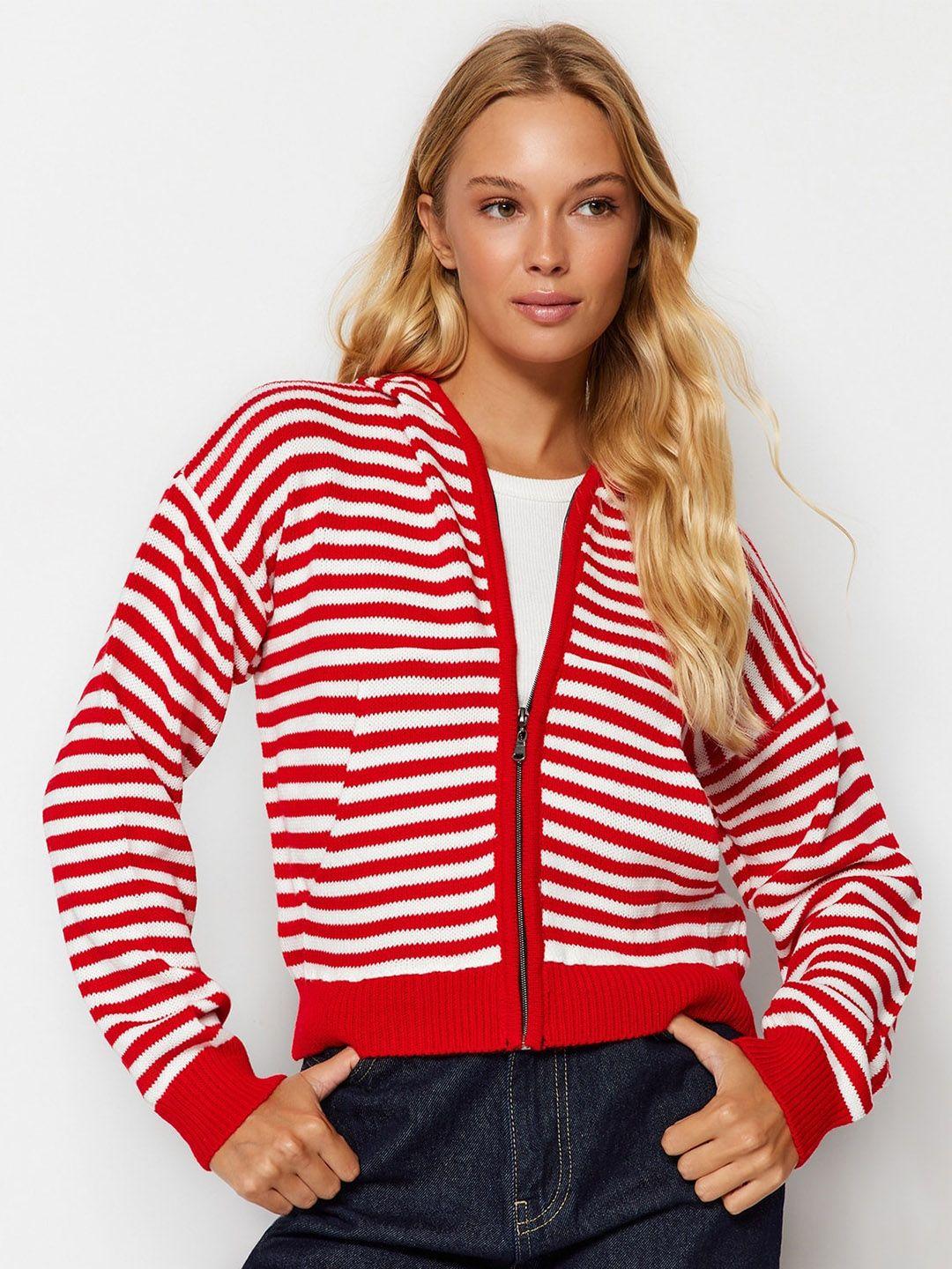 trendyol women red & white striped cardigan