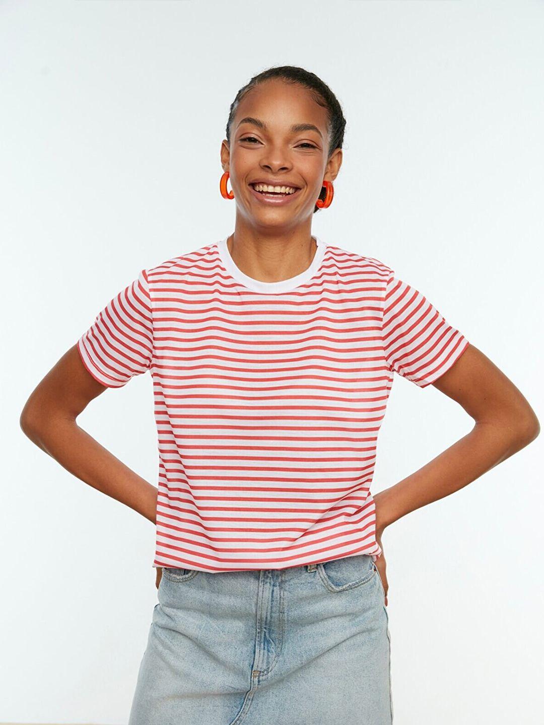 trendyol women red & white striped t-shirt