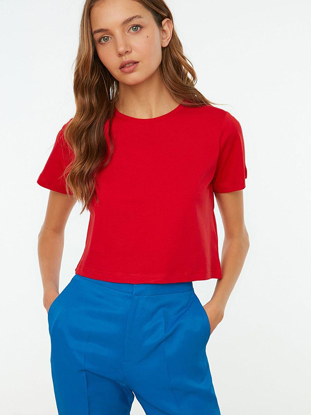 trendyol women red pure cotton t-shirt