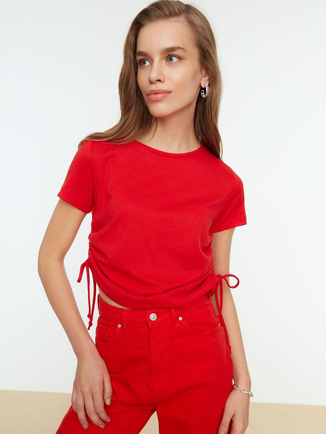 trendyol women red solid ruched t-shirt