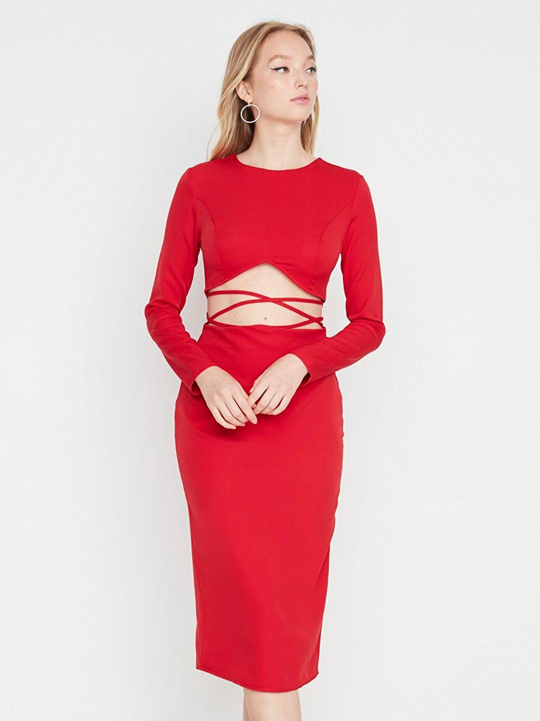 trendyol women red solid sheath midi dress