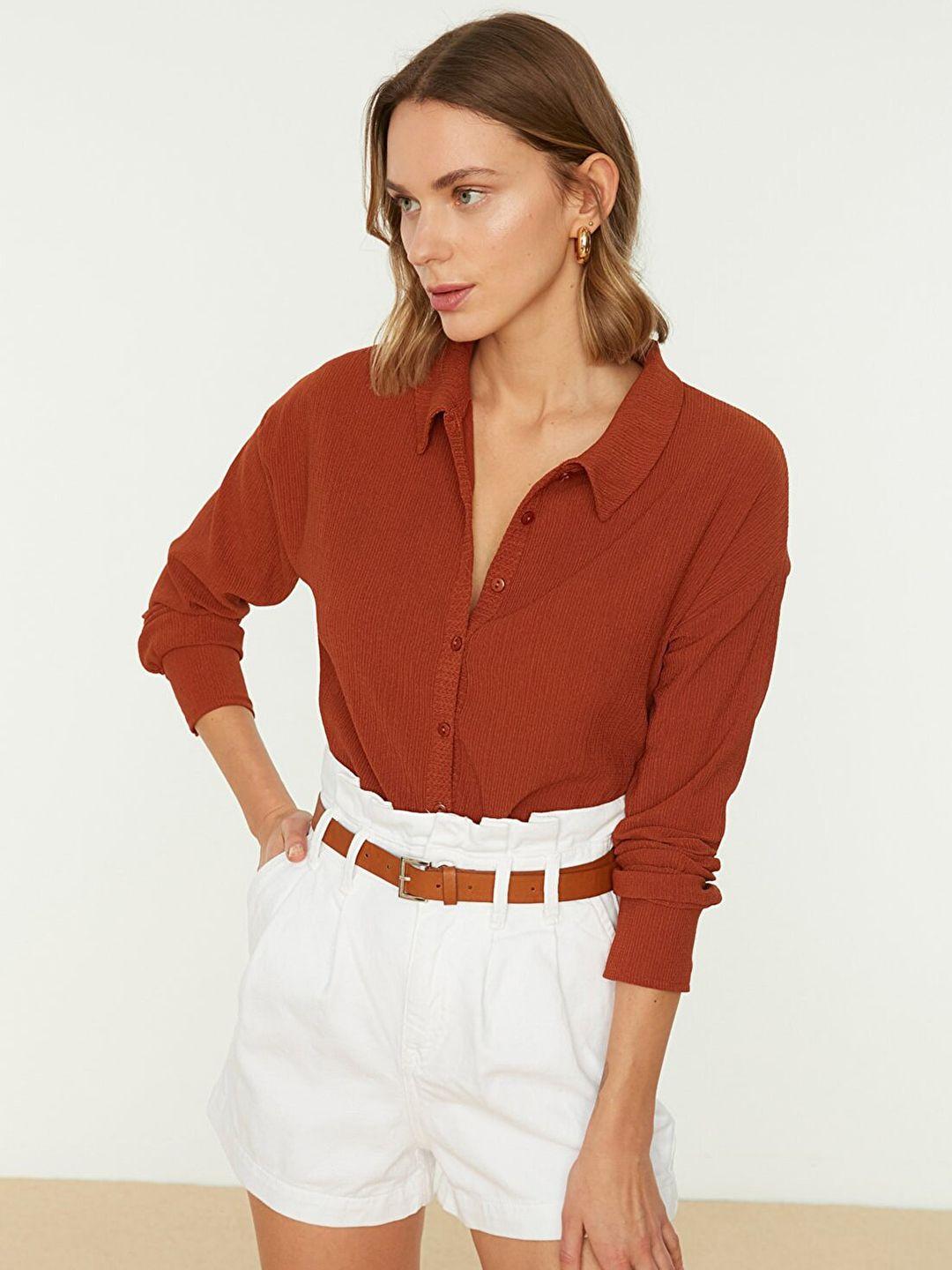 trendyol women rust red textured casual shirt