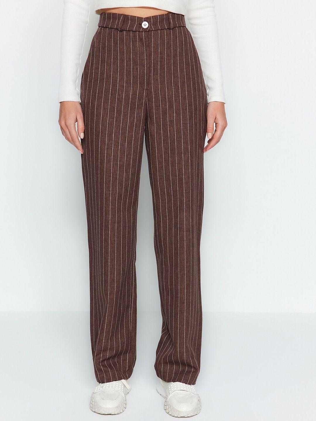 trendyol women striped mid-rise parallel trousers