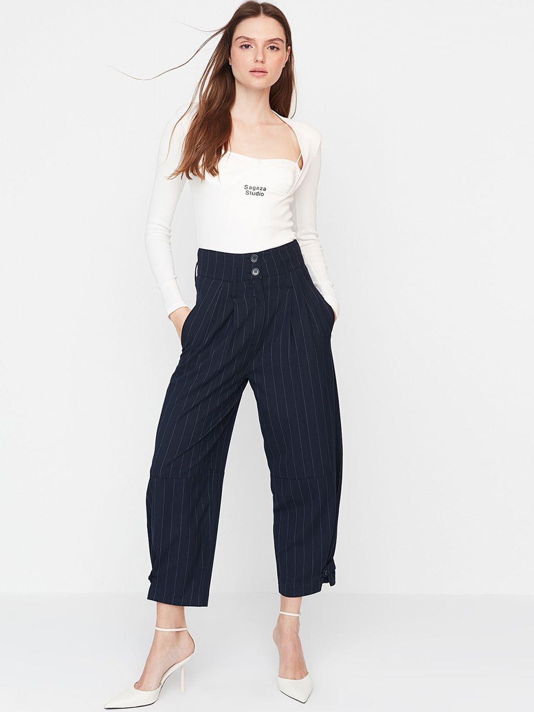 trendyol women striped mid rise pleated plain regular trousers