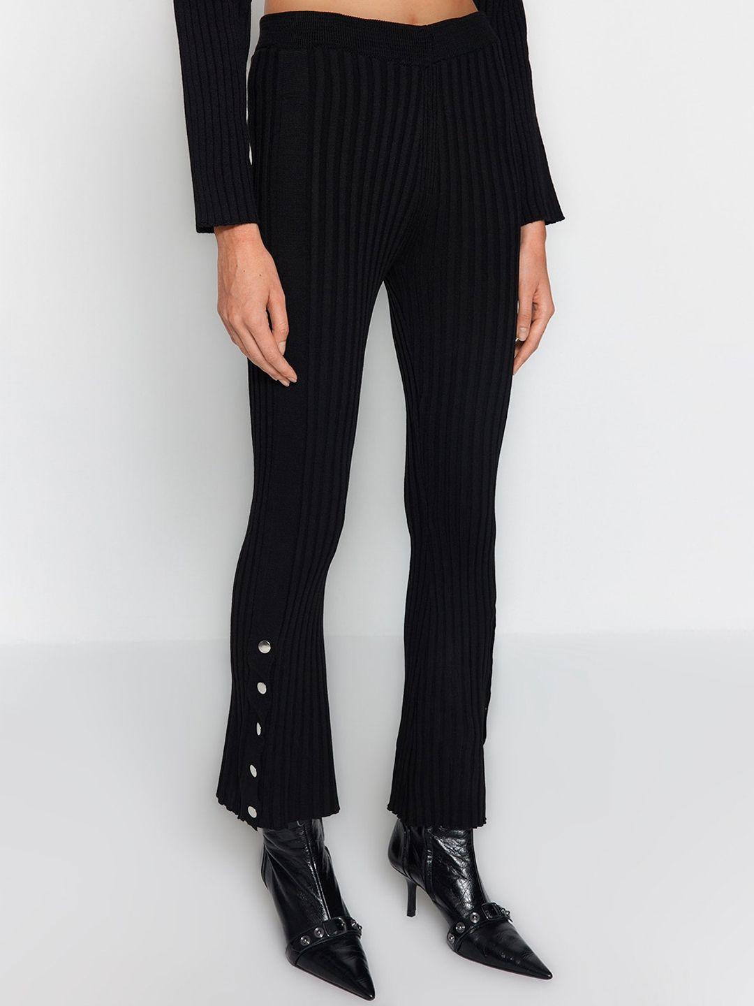 trendyol women striped slim fit mid rise acrylic regular trousers