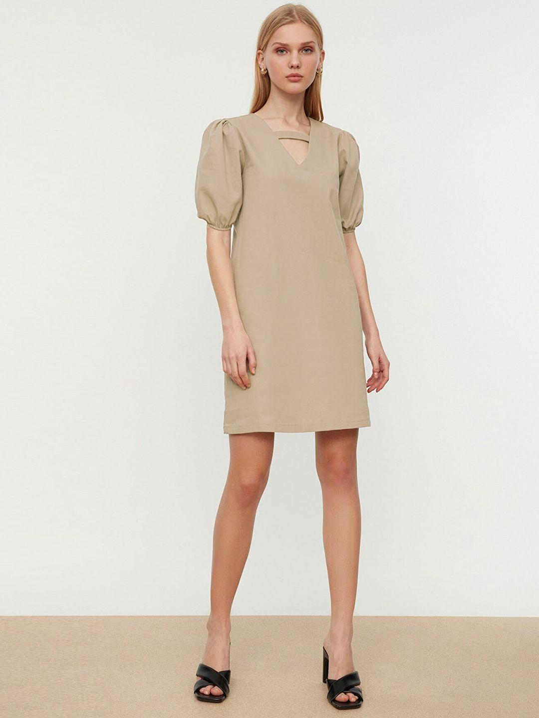 trendyol women taupe solid cut-out detail a-line dress