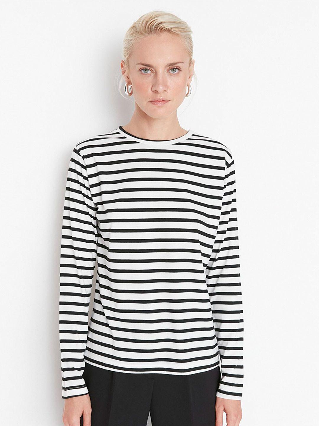 trendyol women white & black striped polyester t-shirt