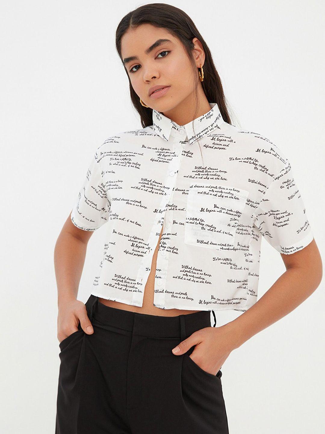 trendyol women white & black typographic printed casual shirt