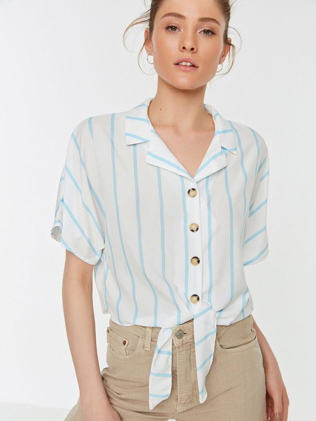 trendyol women white & blue striped casual shirt