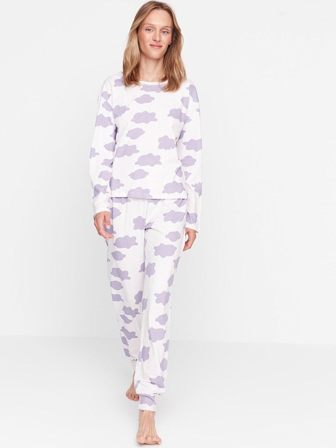 trendyol women white & lavender printed pure cotton night suit