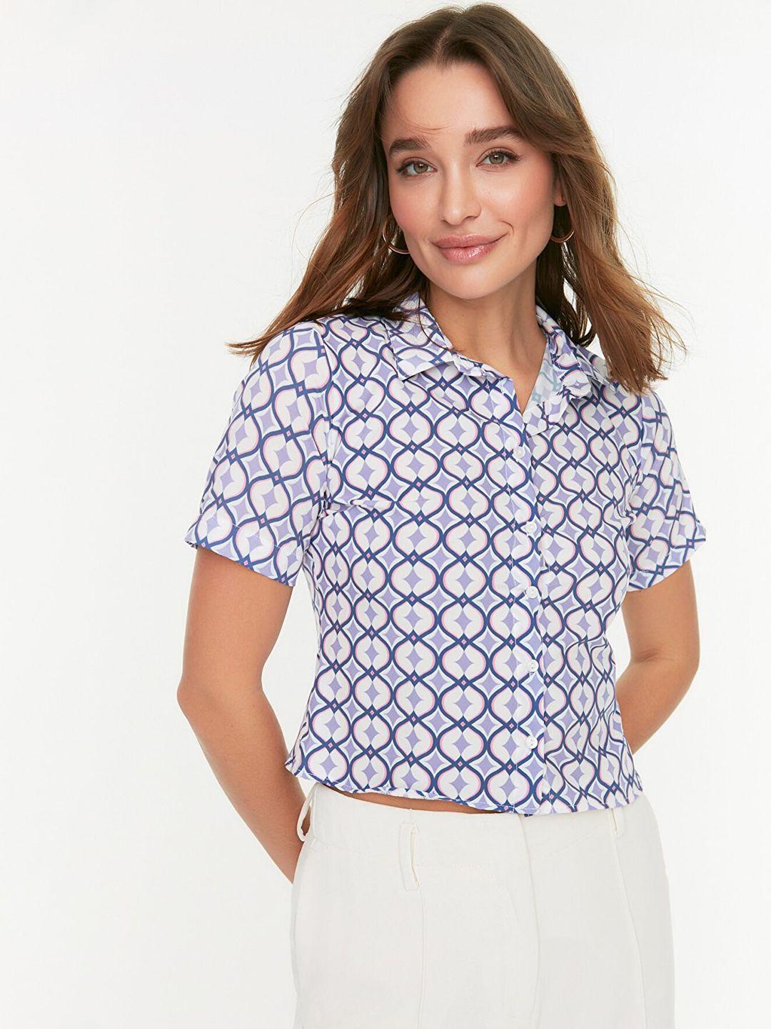 trendyol women white & purple geometric printed casual crop shirt