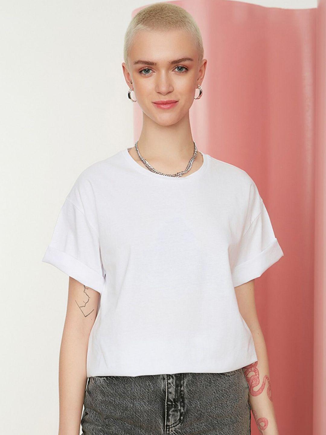 trendyol women white typography printed pure cotton t-shirt