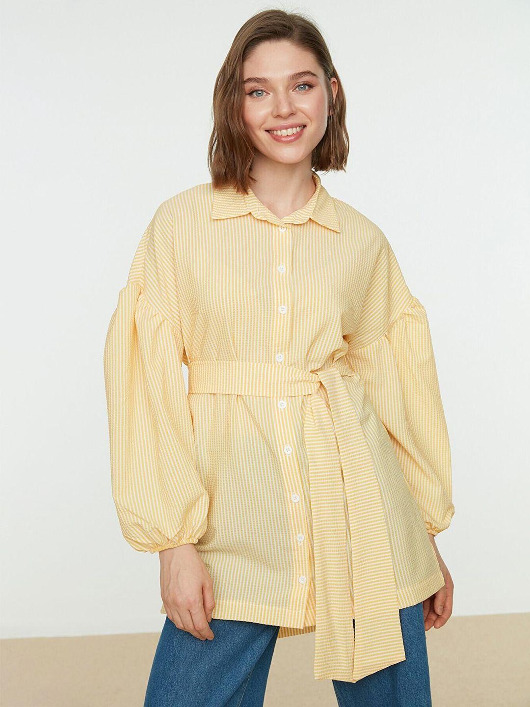 trendyol women yellow striped polyester casual shirt