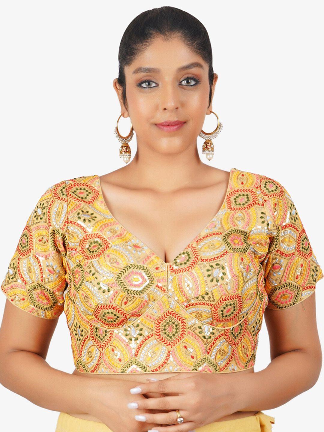 trendzmy embroidered cotton sequinned readymade saree blouse