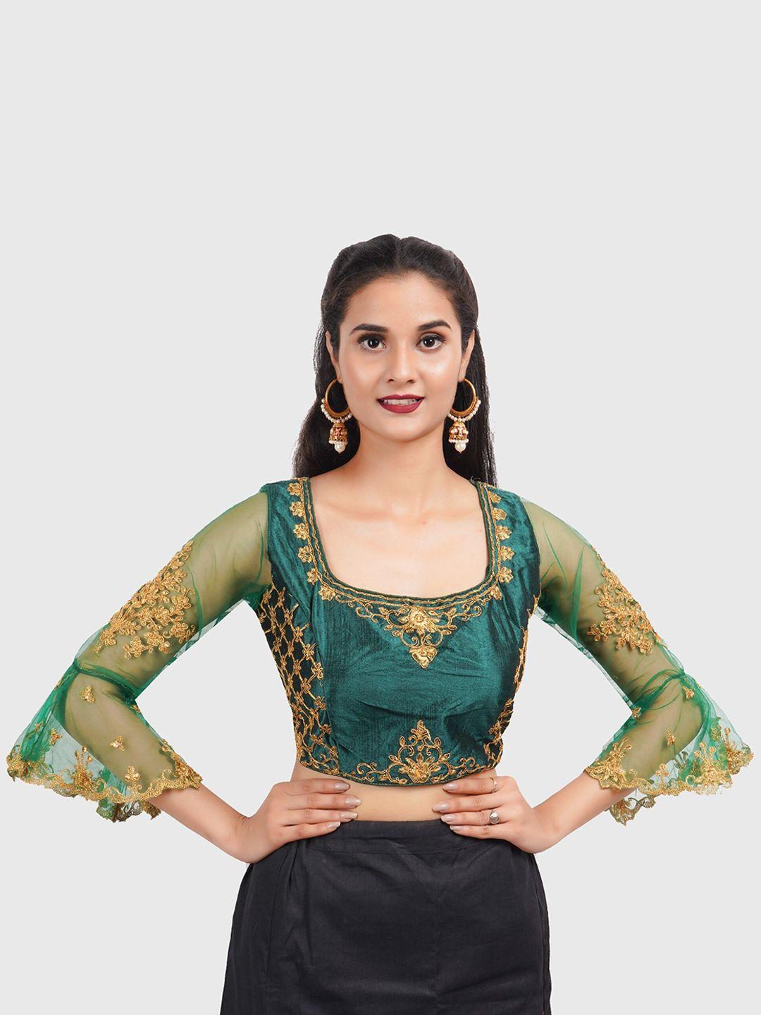 trendzmy green & gold embroidered silk saree blouse