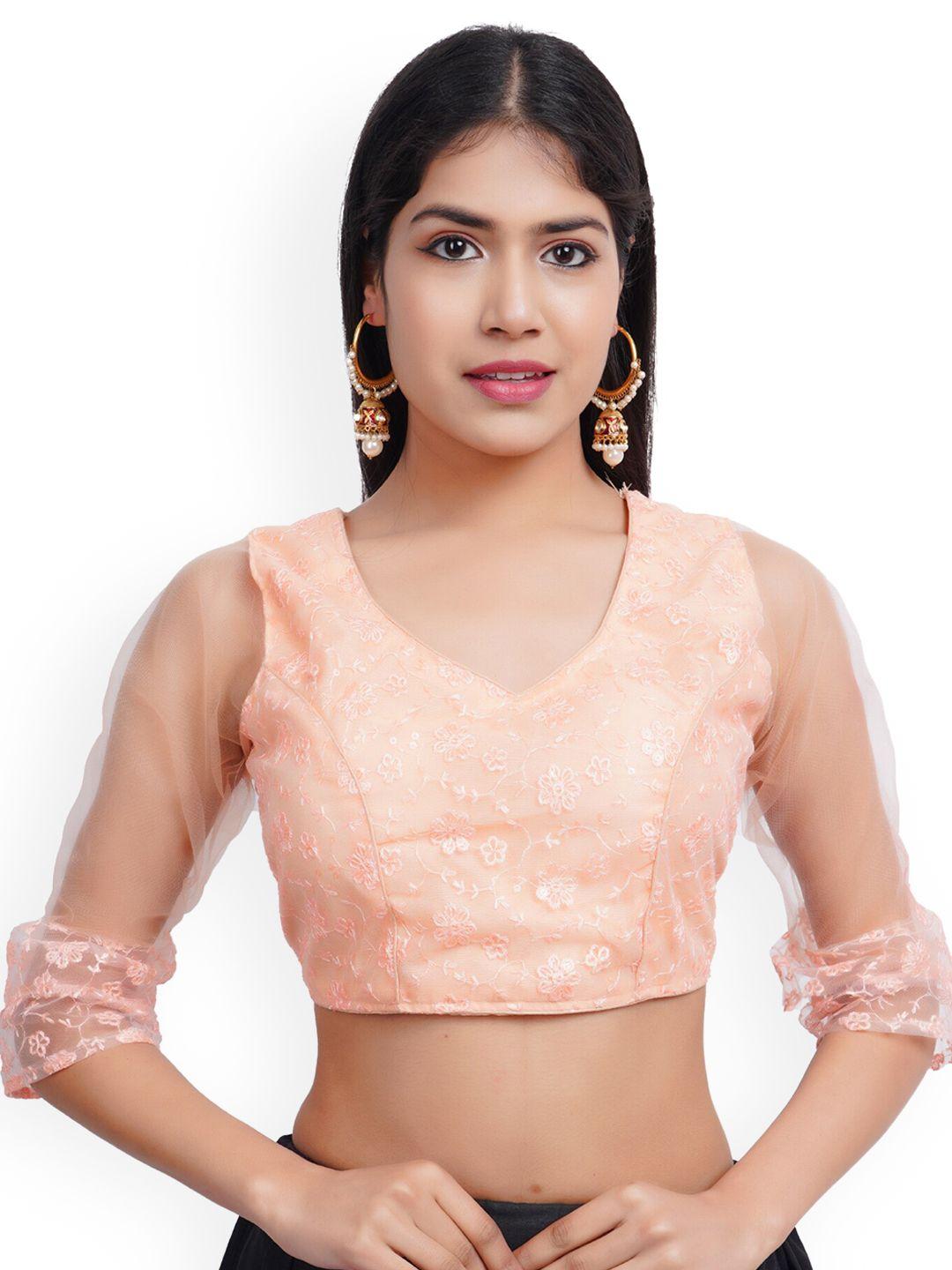 trendzmy peach embroidered readymade saree blouse