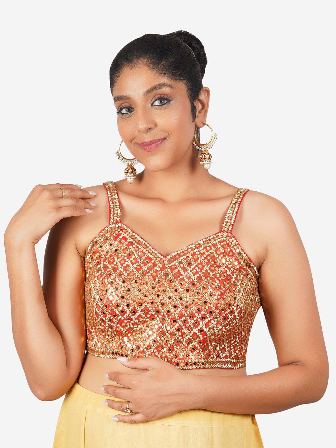 trendzmy embellished sweetheart neck mirror work cotton readymade saree blouse