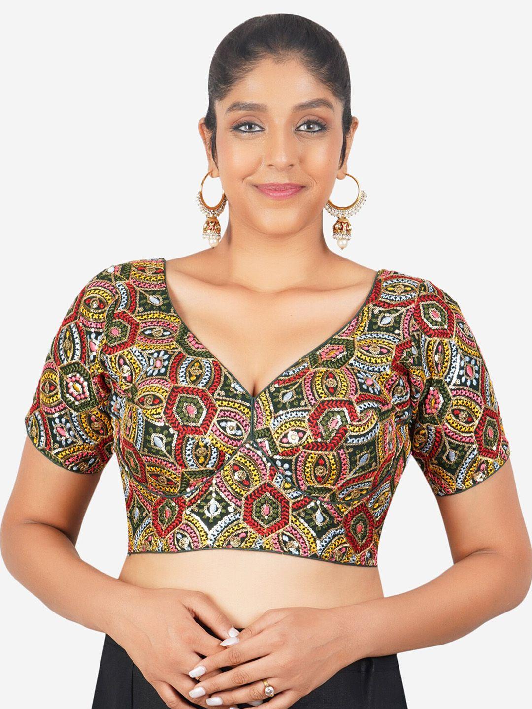 trendzmy embroidered cotton sequinned readymade saree blouse