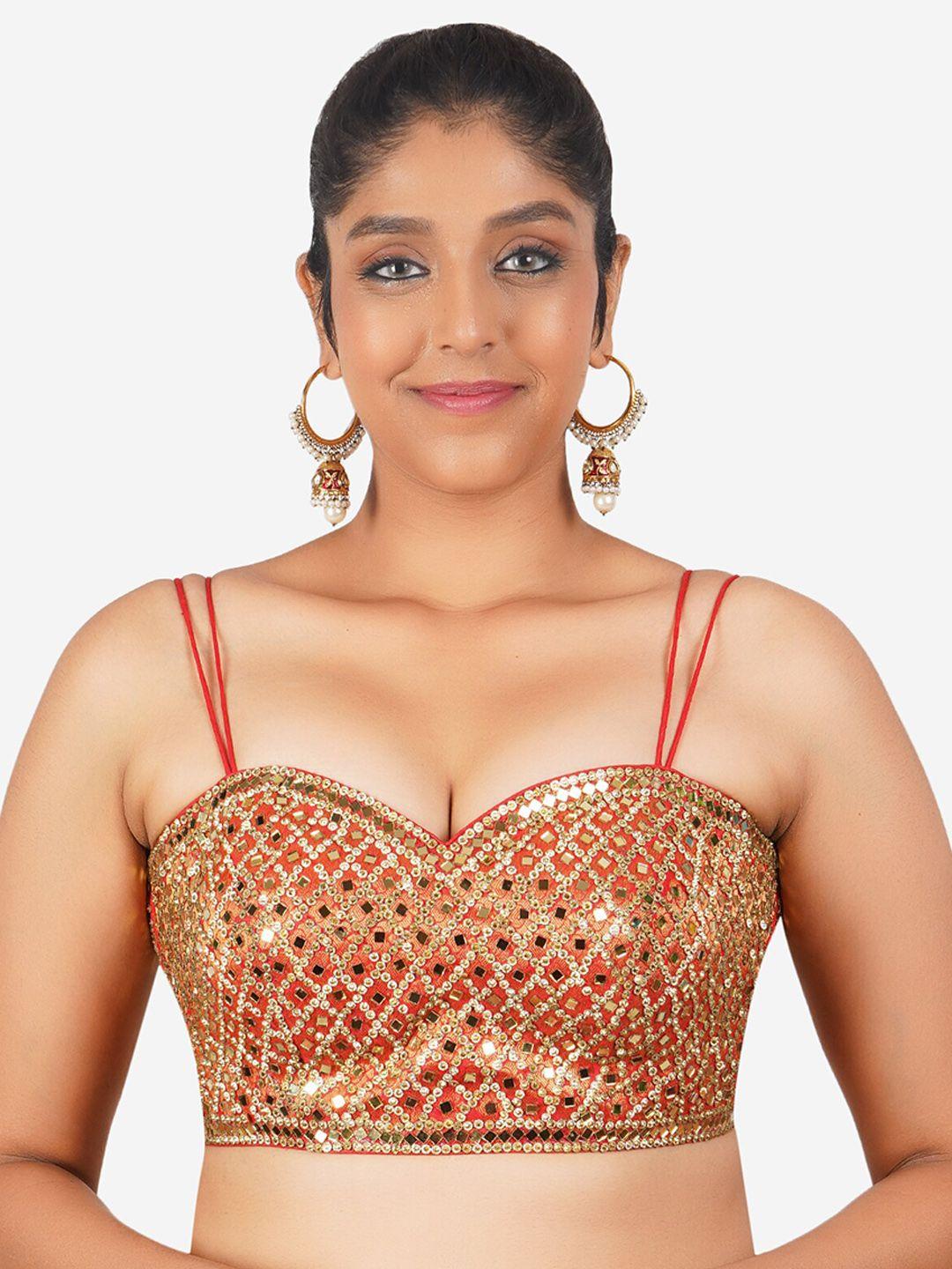 trendzmy embroidered mirror work shoulder strapped cotton saree blouse