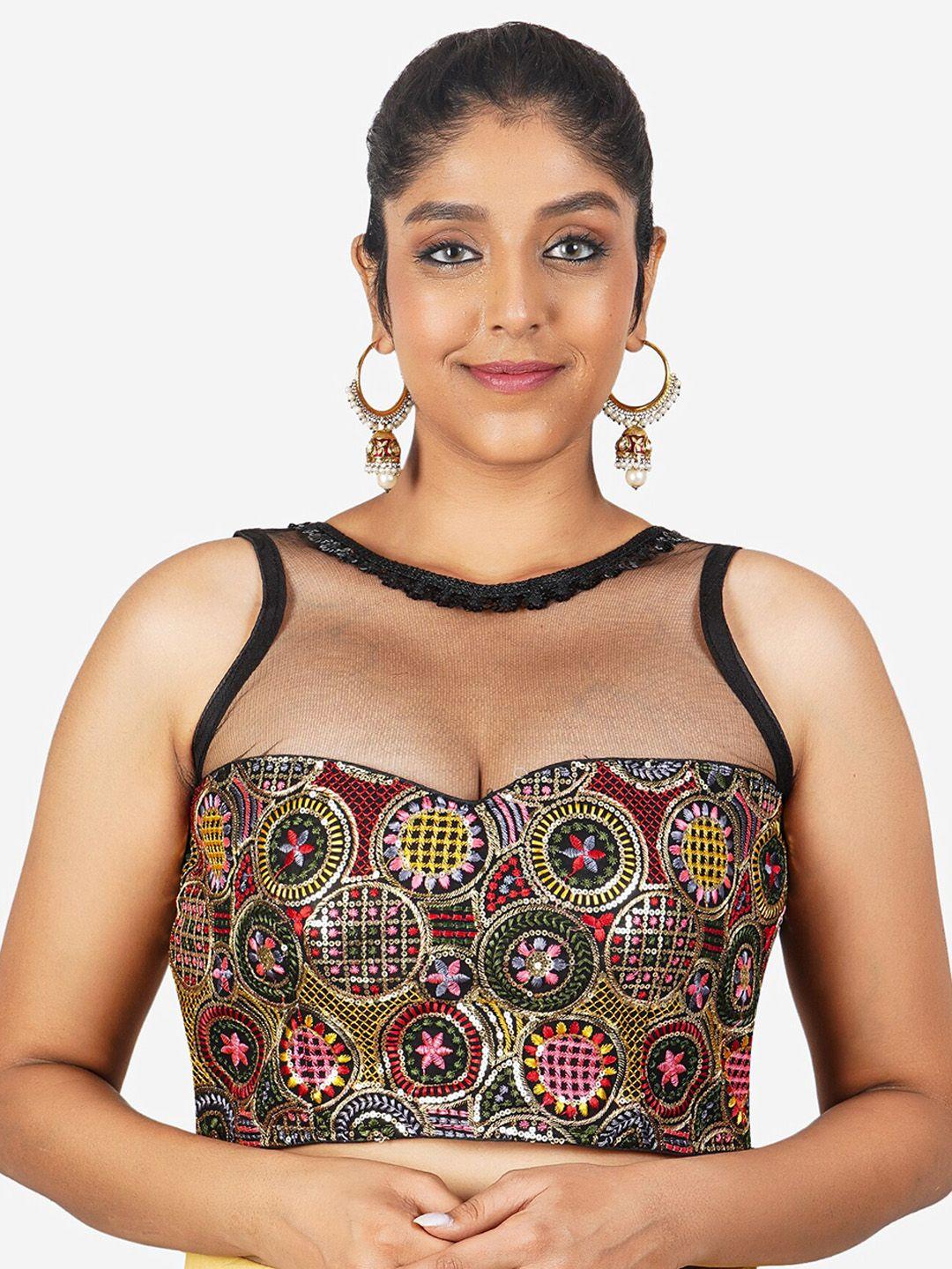 trendzmy embroidered sequinned cotton readymade saree blouse