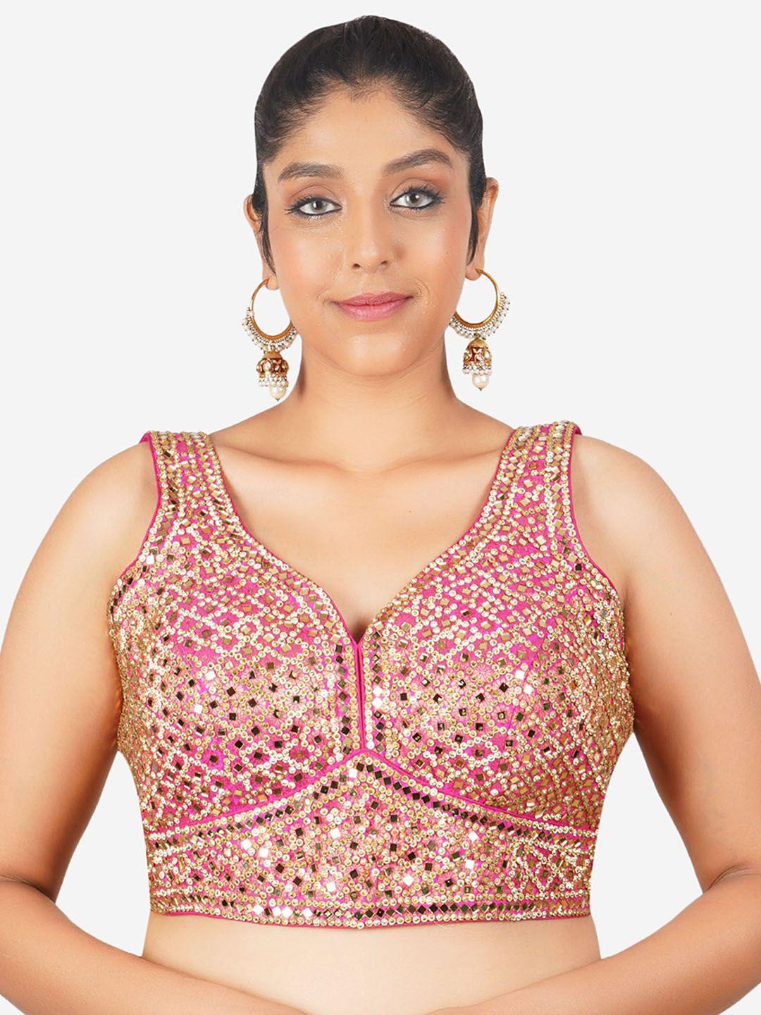 trendzmy embroidered v-neck sleeveless mirror work cotton saree blouse