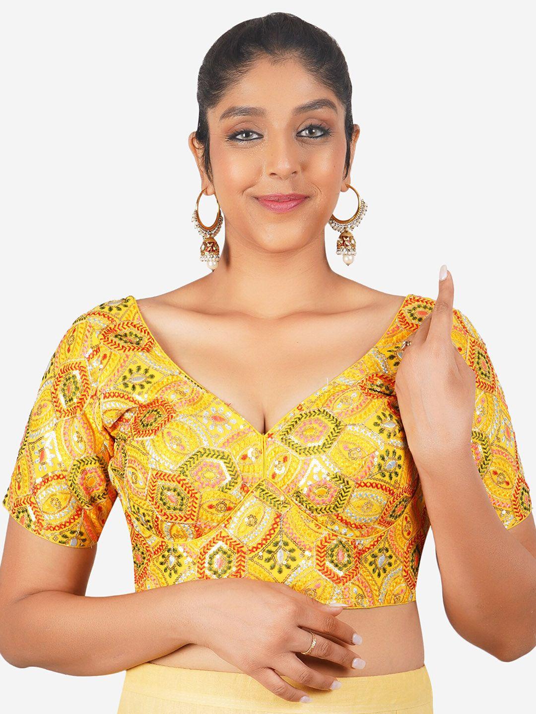 trendzmy ethnic motifs embroidered sequinned cotton readymade saree blouse