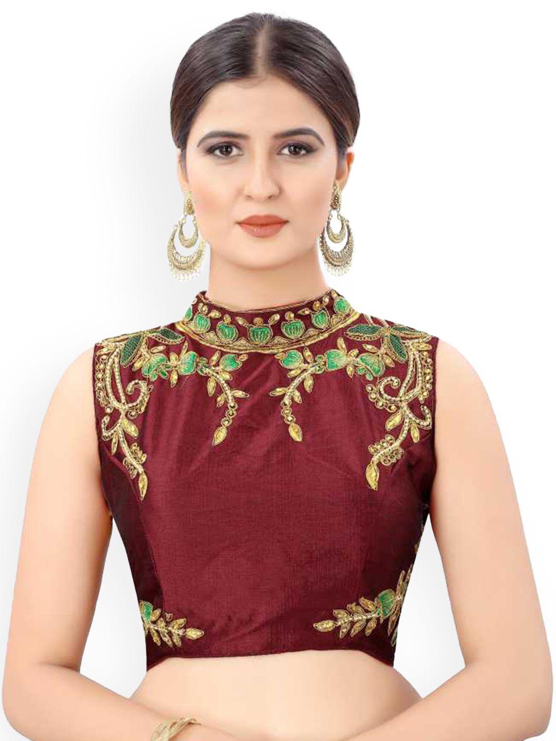 trendzmy maroon & green embroidered readymade saree blouse