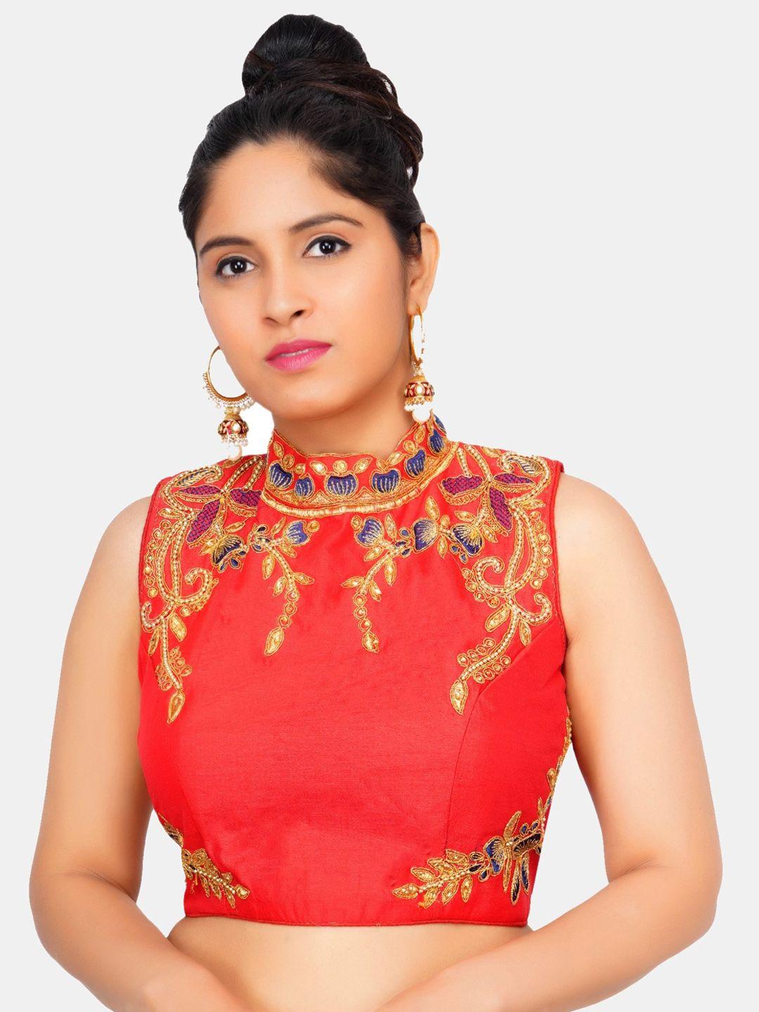 trendzmy red embroidered  band collar saree blouse