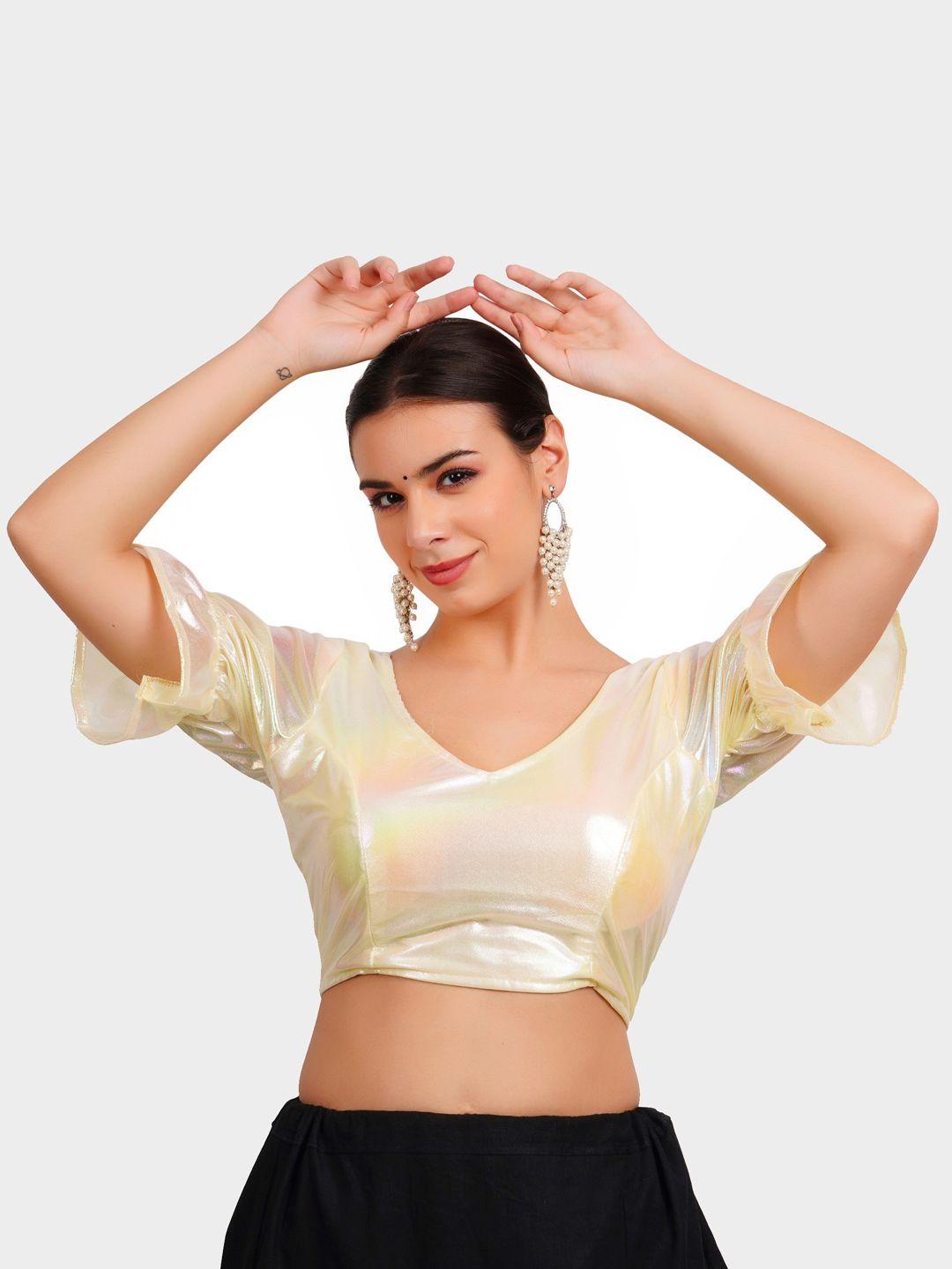 trendzmy women cream solid shimmer saree blouse