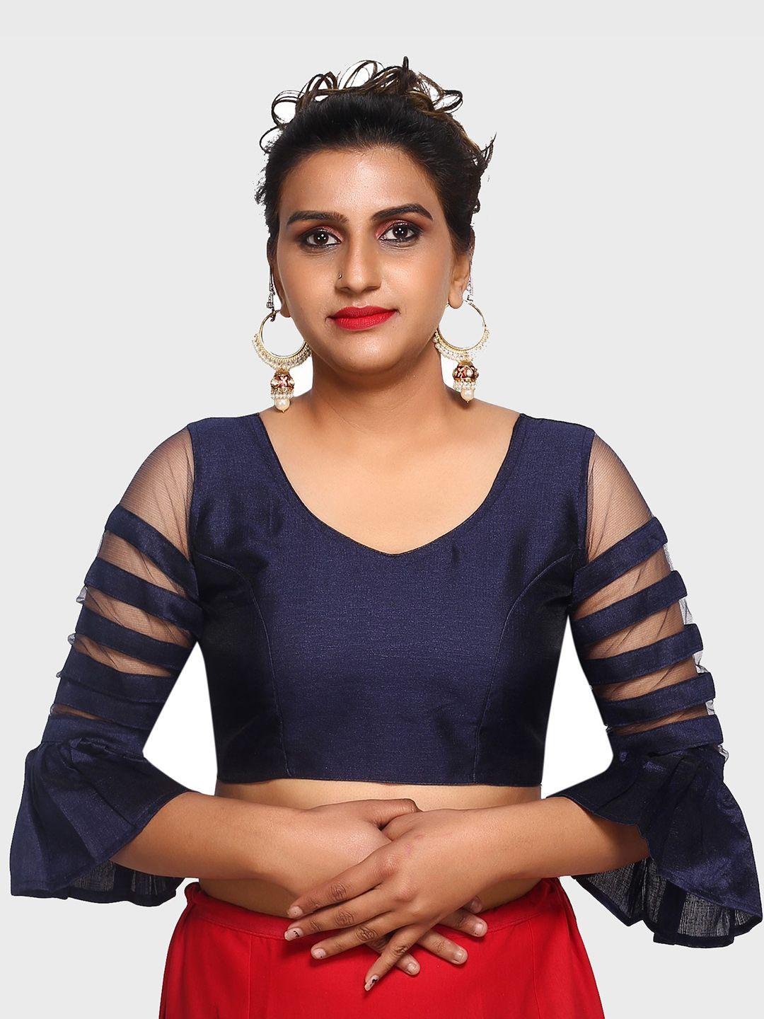 trendzmy women navy blue solid saree blouse