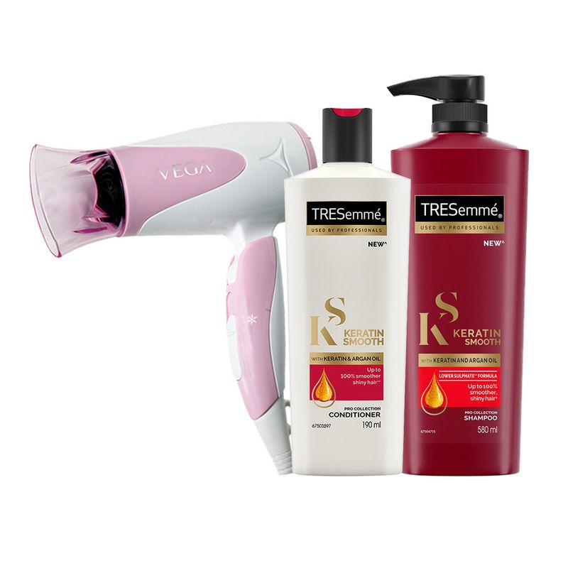 tresemme keratin smooth shampoo + conditioner with vega hair dryer combo