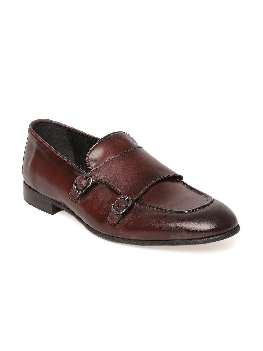 tresmode men burgundy solid leather monks