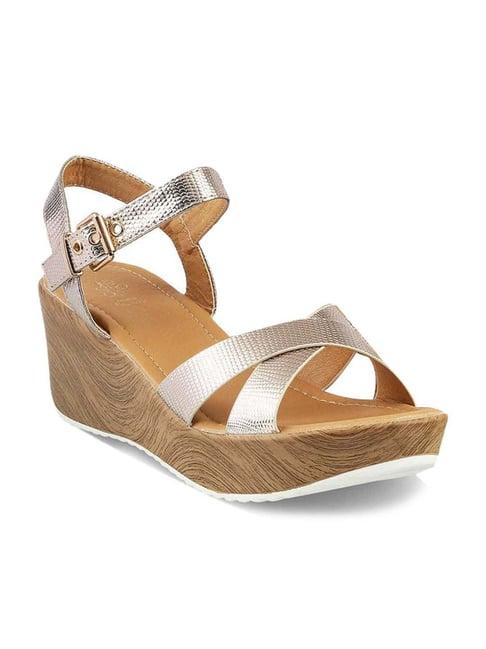 tresmode women's champagne gold ankle strap wedges