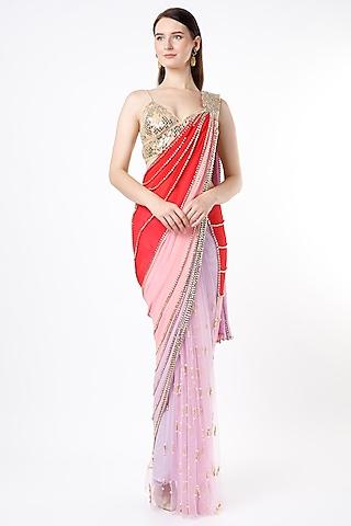 tri-colored embellished pre-stitched saree set