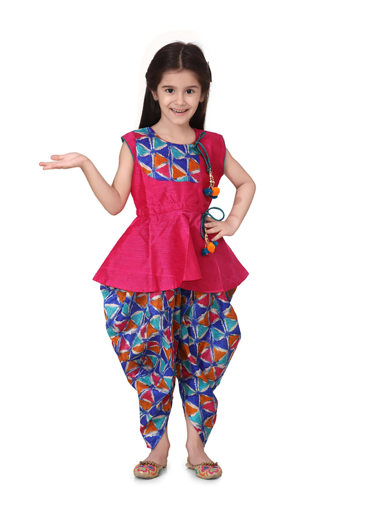 triangle print patch peplum dhoti for girls- pink (set of 2)
