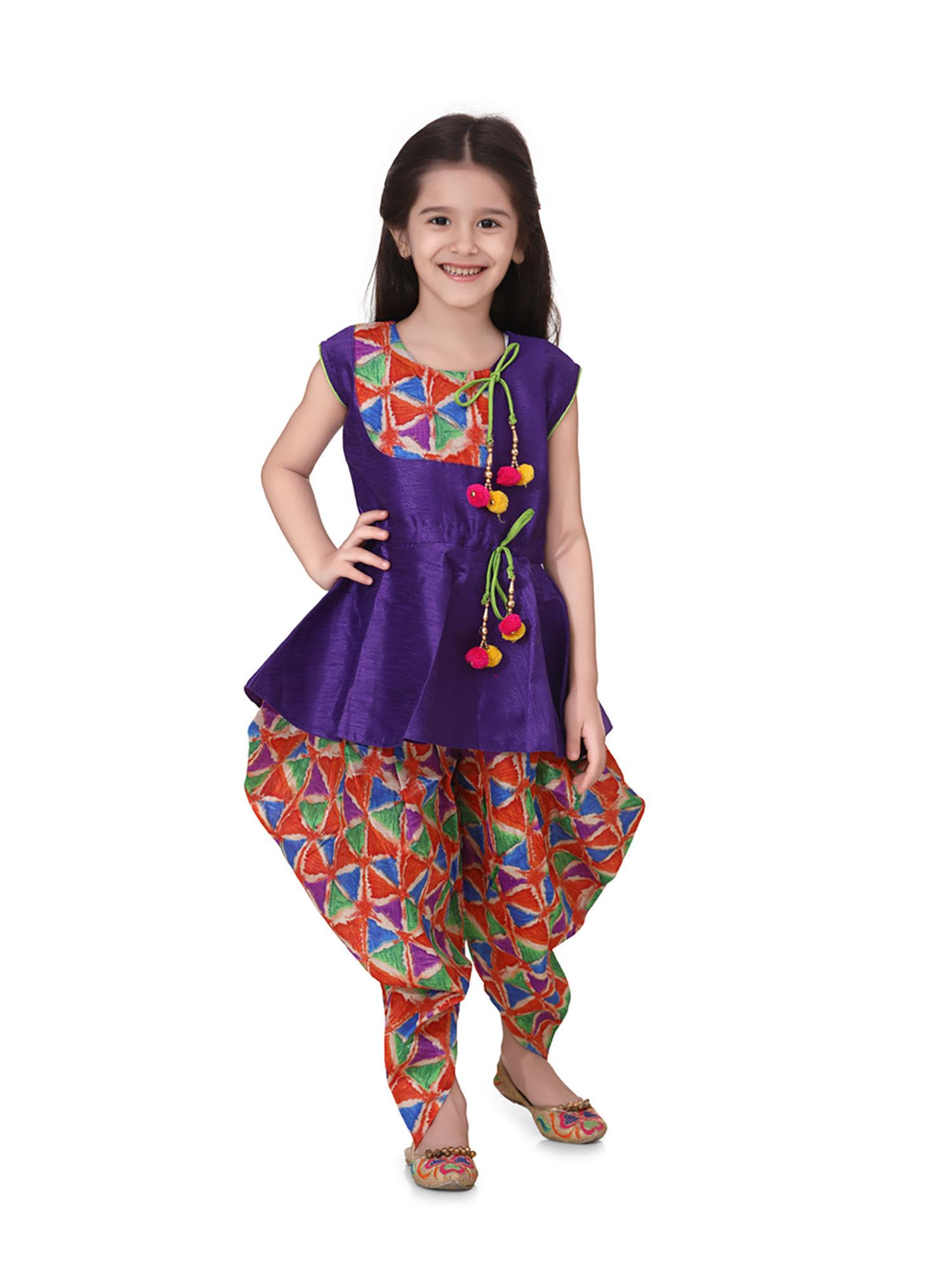 triangle print patch peplum dhoti for girls- purple (set of 2)