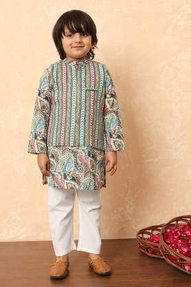 tribal cotton regular fit boys kurta pyjama with nehru jacket - cream