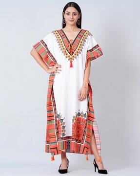 tribal kaftan dress with tie-up neckline