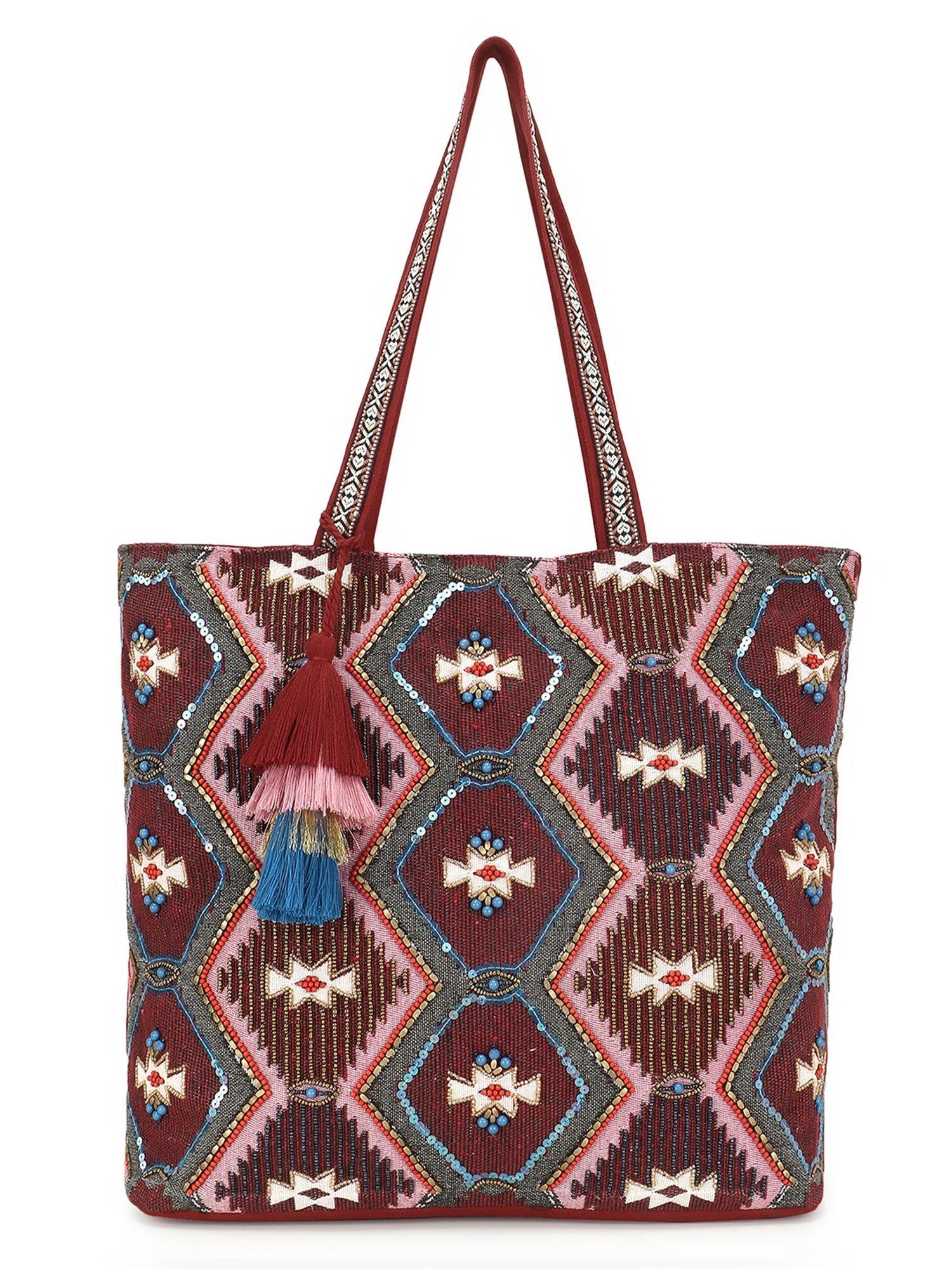 tribal maroon and multi acrylic cotton canvas chevron embellished tote bag