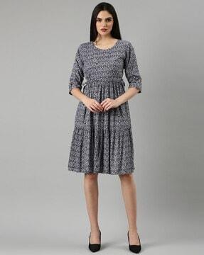 tribal print round-neck fit & flare dress