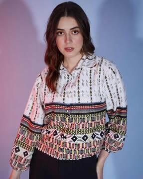 tribal print spread-collar shirt