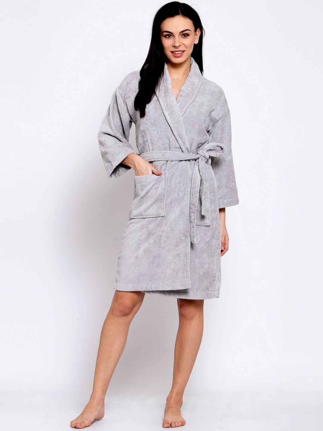 trident women grey melange solid bath robe with belt