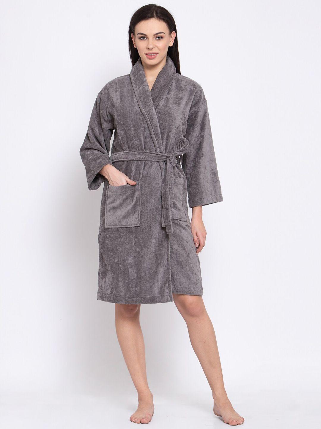 trident women grey solid bath robe with belt