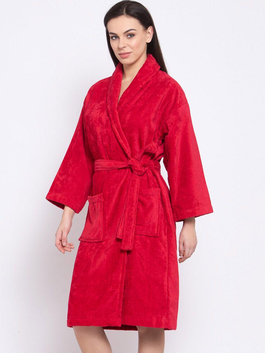 trident women red solid bath robe with belt