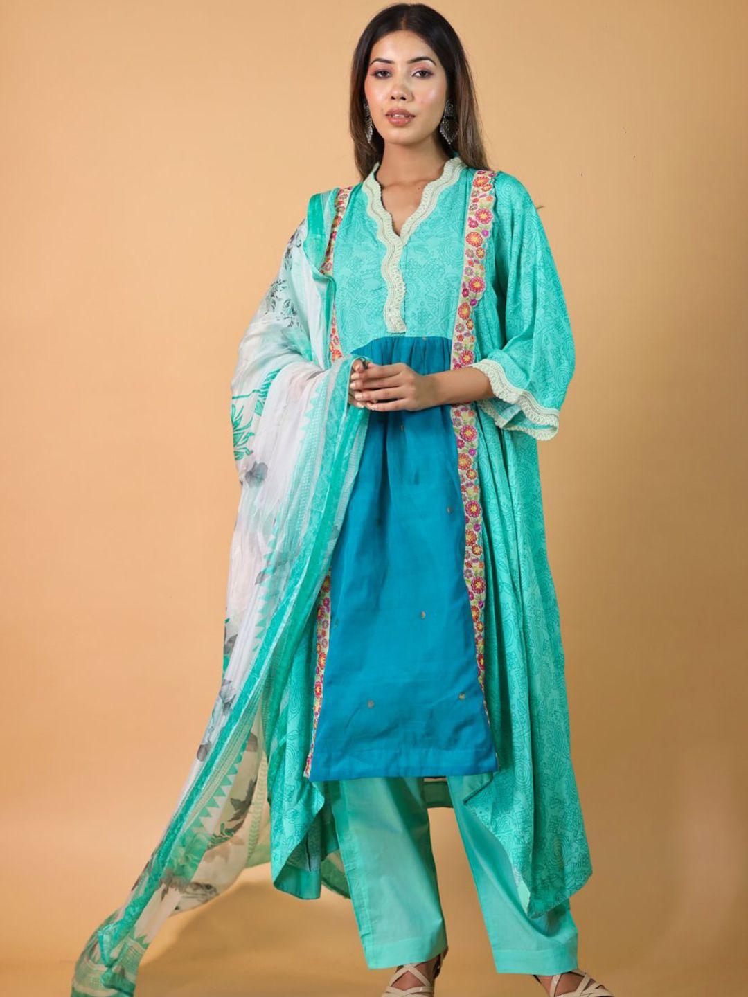 trinjann ethnic motifs printed chanderi cotton kurta with palazzos & dupatta