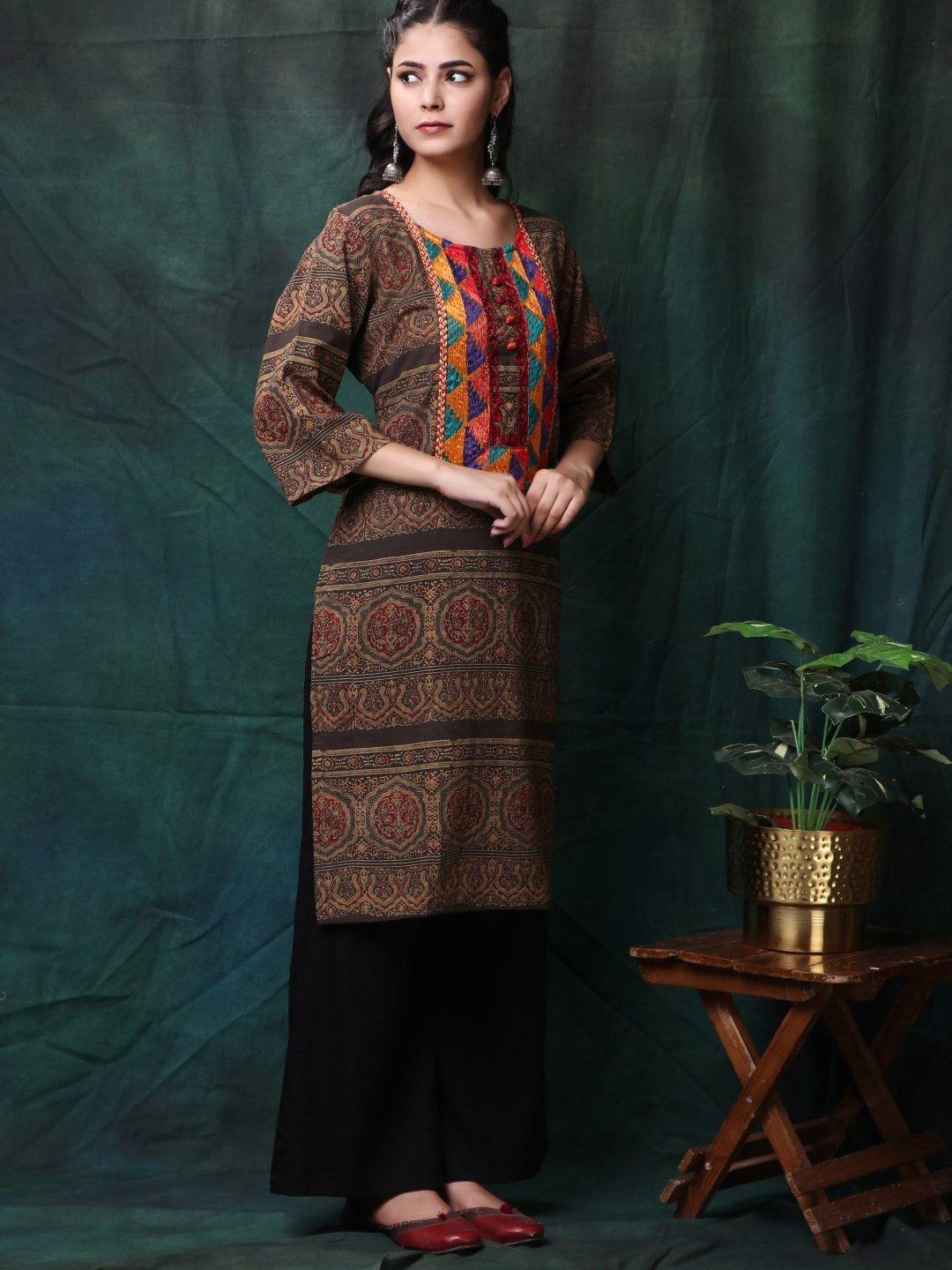 trinjann ethnic motifs printed pure cotton kurta