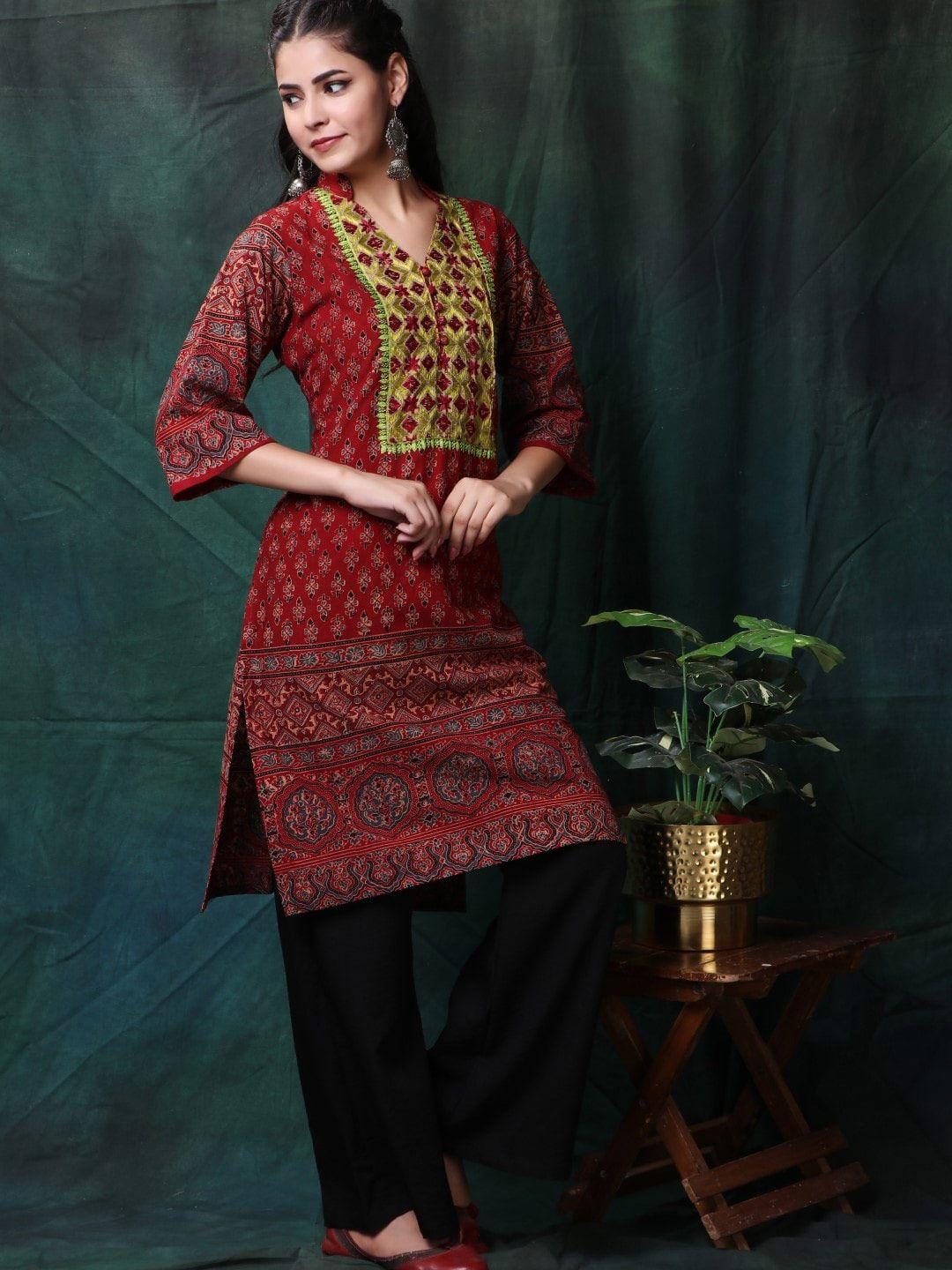 trinjann ethnic motifs printed v-neck pure cotton kurta