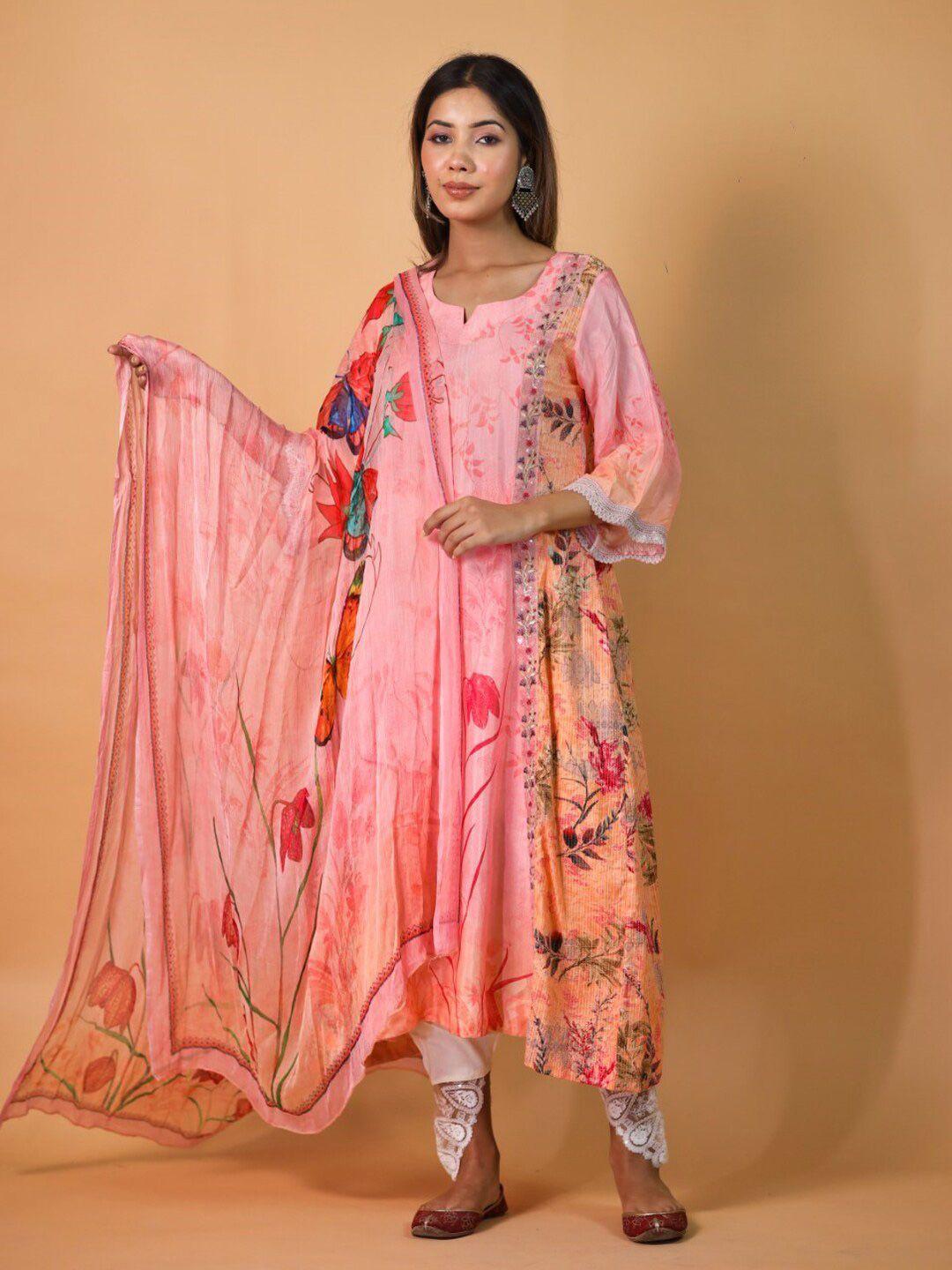 trinjann floral printed flared sleeves pure cotton kurta with dupatta